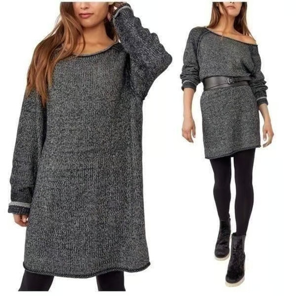 Free People Lenox Sweater Dress Ribbed Slouchy Tunic Relaxed Onyx Black Small - Picture 1 of 8
